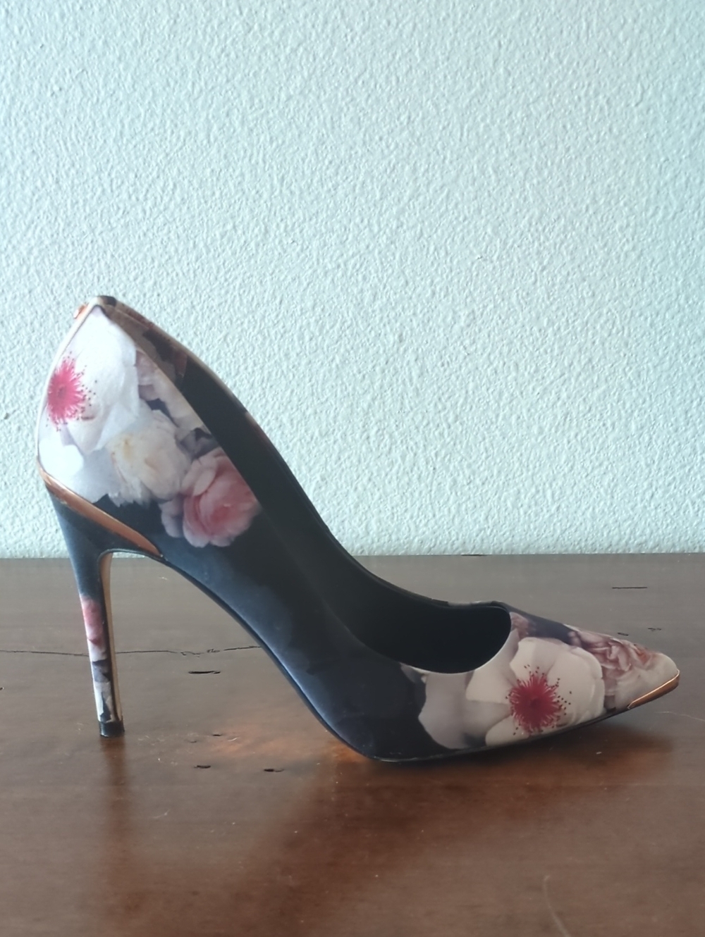 Ted Baker Black Floral Pointed-Toe Stiletto with Gold Trim
